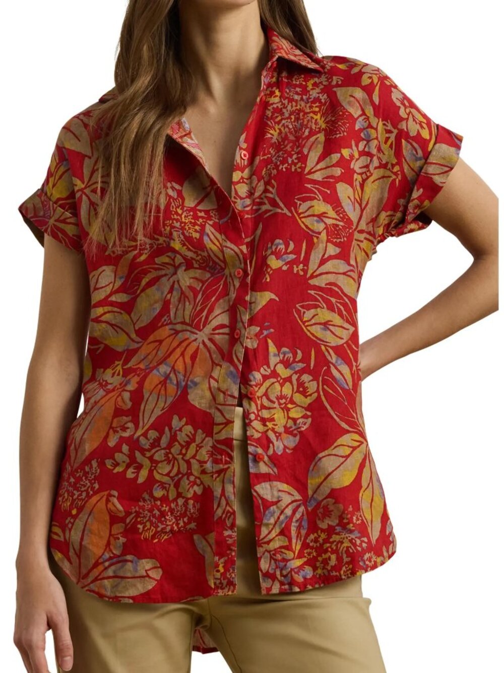 Lauren Ralph Lauren Floral Print Linen Shirt in Red Multi